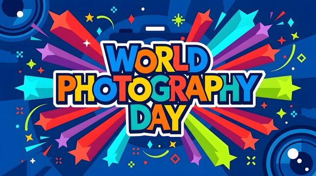 World photography day colorful banner with exploding stars and camera silhouette on blue background.