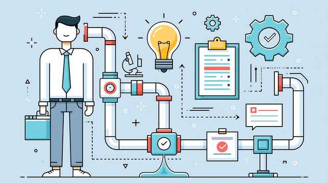 Businessman stands beside a complex pipeline illustration, suggesting a streamlined process for idea generation.