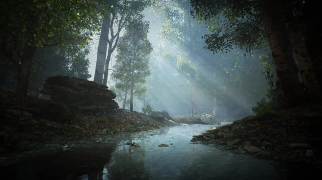 Sunbeams shining through trees over a gentle forest river stream