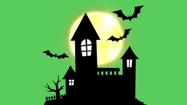 Animation silhouette of haunted house with bats on green background.