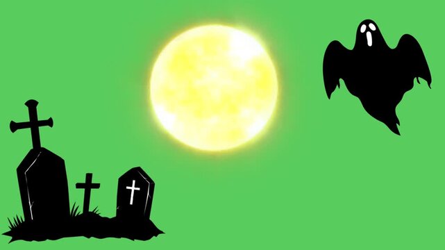 Animation silhouette of scary graveyard in the night with green background.