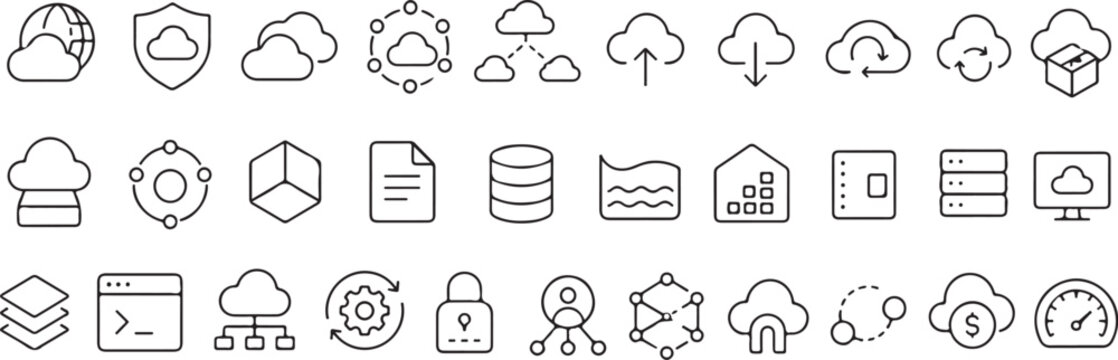 Cloud Computing Line Icons Set, Cloud Infrastructure, Hybrid Cloud, Data Storage, Cloud Server, DevOps, Virtual Machine, Enterprise Cloud Outline Vector Pack
