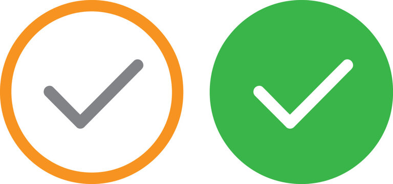 Check mark icons in circular frames green tick and orange circle vector illustration for interface.