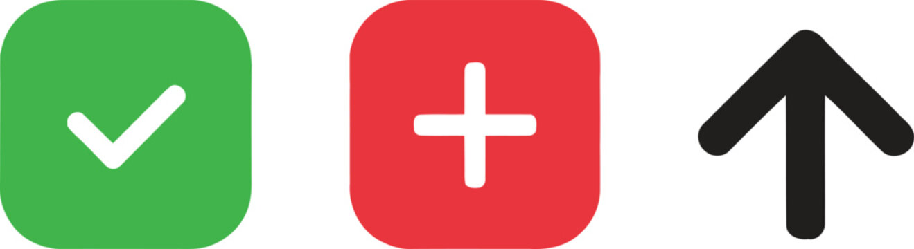 Square button icons with green check mark red plus sign and black arrow vector illustration set app.