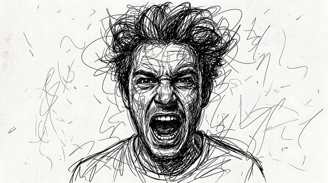 A man screams in anguish with a chaotic scribble background around him.