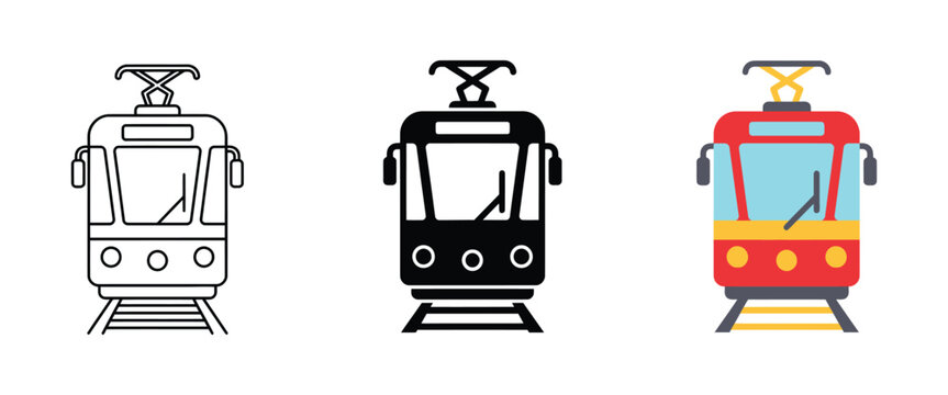 Tram Icons featuring flat design transport symbols, modern blue style glyphs, solid vector set, urban public transportation graphics, and clean UI elements.