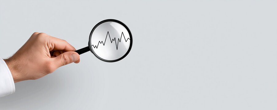 A hand holding a magnifying glass over a financial chart with sharp peaks and troughs, symbolizing the careful analysis required to understand market volatility and its effects on investments. The