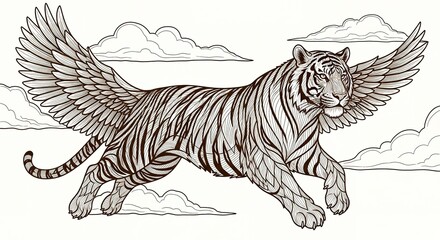 Naklejka premium Mythical winged tiger soaring through clouds stylized illustration