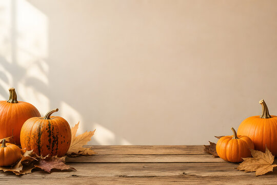 Autumn Harvest Display: A warm arrangement of pumpkins and fallen leaves on a rustic wooden surface, bathed in soft, dappled sunlight, evokes the spirit of fall and Thanksgiving.