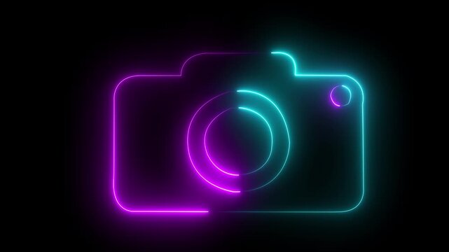 glowing neon camera icon isolated , recording, and film themes. Social media video camera icon for app. camera frame pictogram photograph animated. 4k video...