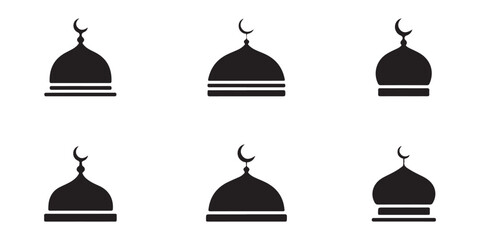 Set of black mosque dome silhouettes with crescent moon icons isolated on white background © KANIJ  FATAMA