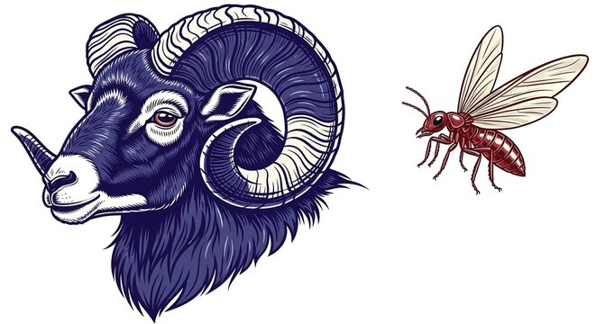 Ram head profile with flying insect side view illustration