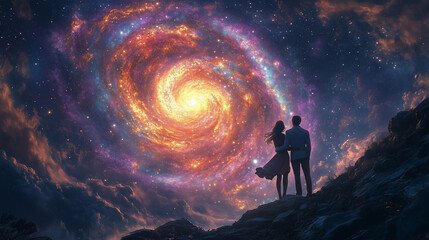 Fototapeta premium A couple stands gazing at the universe at sunset.