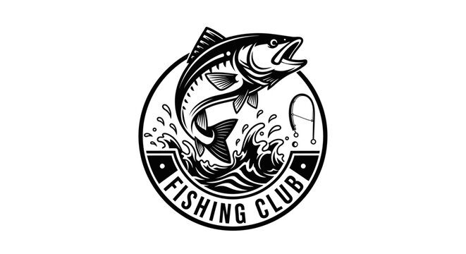 Powerful Bass Fish Leaping from Water Towards Fishing Hook in Circular Fishing Club Logo, isolated white background