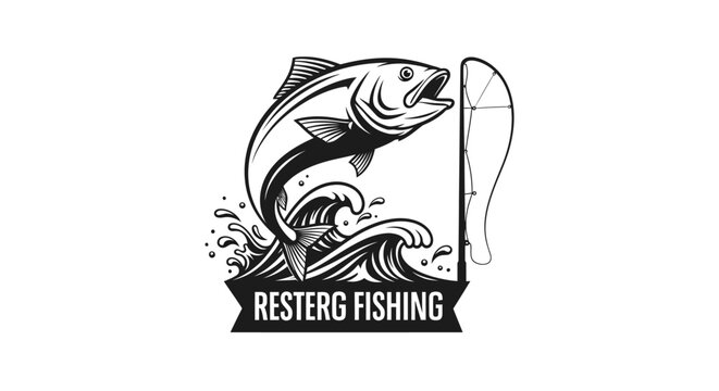 Dynamic fish with fishing rod jumping out of water on isolated white background, perfect for fishing logo design.
