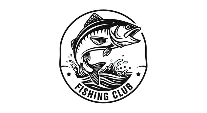 Active Bass Fish Leaping in Water with Fishing Rod in Circular Fishing Club Logo, isolated white background