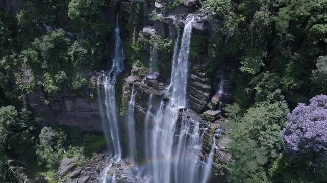 A drone flying over a waterfall in a deep green forest provides an aerial, top-down view of a National Park in Laos PDR.