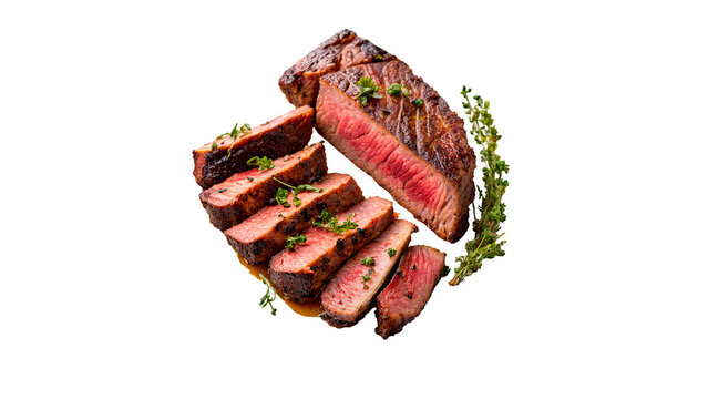 Sliced medium rare roasted beef steak juicy gourmet meat isolated on transparent background