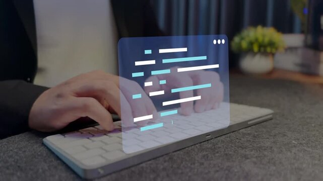 Developer using laptop computer to write application code.