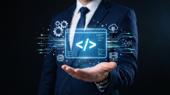 Digital technology in businessman's hand conceptualizing data science and artificial intelligence with binary code and gears.