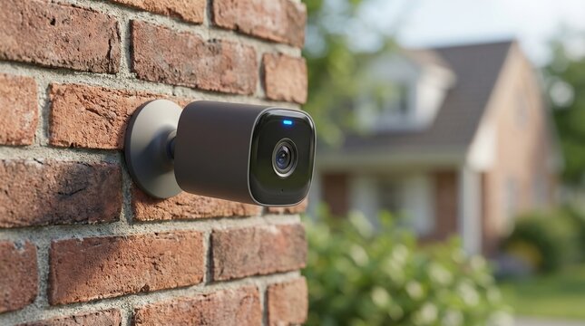 Wireless smart home security camera mounted on brick wall