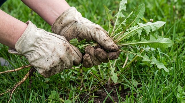 Hands in gloves pulling dandelion weeds from green lawn