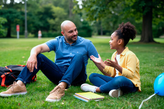 African American girl sitting with middle aged man on grass, talking and gesturing during outdoor mentoring session. Useful for education, parenting, counseling, support campaigns
