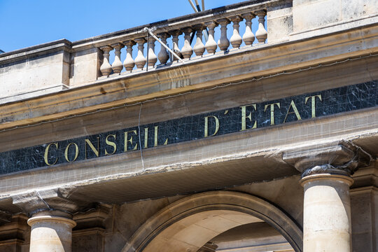 Paris, France - June 17, 2026: Low angle view of the sign on the portico at the entrance of the Council of State, a public body created in 1799 by Napoleon, located in the Palais Royal.