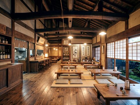 木造梁が美しい古民家和食店の広々とした店内趣ある座敷とカウンター
