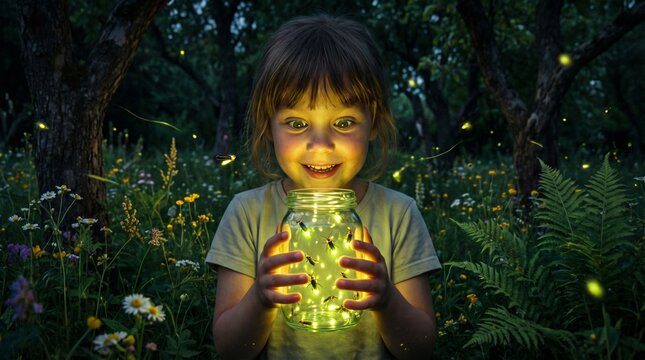 Cute little girl holding a glowing glass jar full of fireflies in a dark magical night forest. Childhood wonder, fantasy, and summer nature exploration concept.