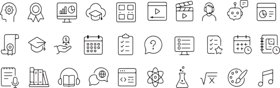 Education and E-Learning Line Icons Set, Online Learning, Virtual Classroom, AI Tutor, Digital Education, Student Dashboard, Learning Management System Outline Vector Pack
