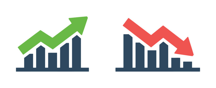 Upward trending green graph with analytics dashboard comparison against downward trending red graph showing profit and loss trends in modern financial reporting