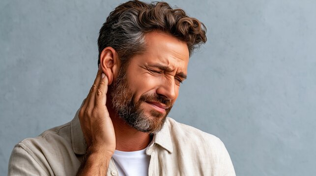 Man holding his ear with pained expression on left side, right side negative space in soft blue-grey gradient for text overlay, professional medical awareness campaign style