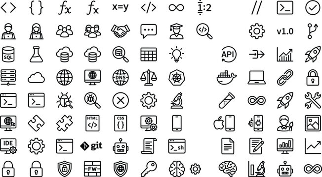 Large software engineering and web development icon bundle with programming languages coding math algorithms database network and cybersecurity symbols outline style