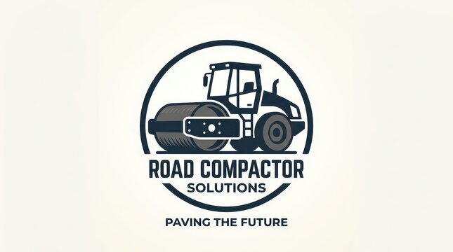 Road compactor solutions circular logo design featuring heavy machinery illustration icon.