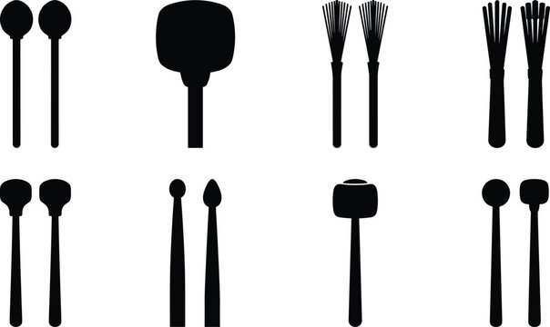 Set of vertical black percussion mallets and drumsticks silhouettes on white background