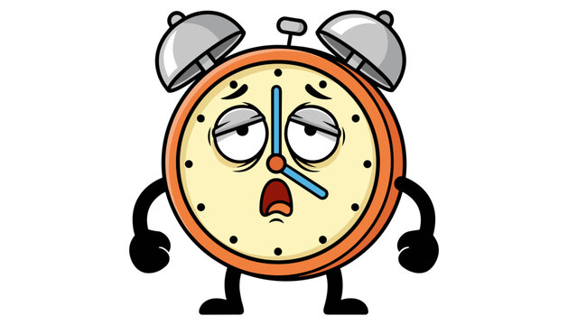Tired cartoon alarm clock with arms and legs, looking stressed