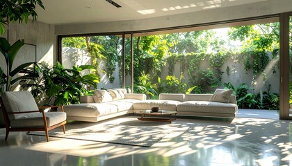 Fototapeta premium Bright modern living room with sustainable linen furniture and indoor plants, featuring floor-to-ceiling windows with a lush green forest view.