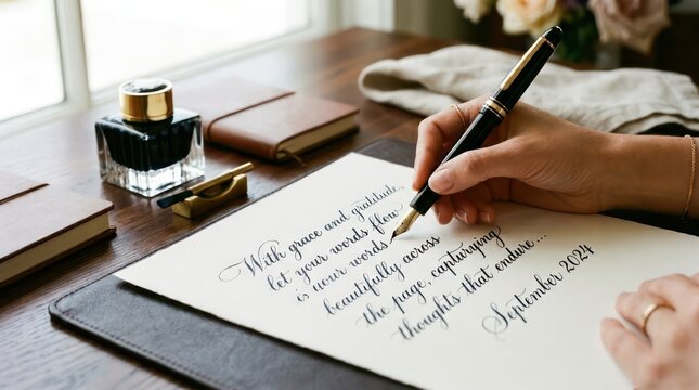 Woman writing inspirational quotes on paper with fountain pen at desk in natural sunlight.