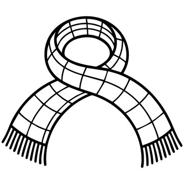 Plaid Winter Scarf With Fringe And Circular Loop Minimal Line Art Isolated on a Transparent or White Background