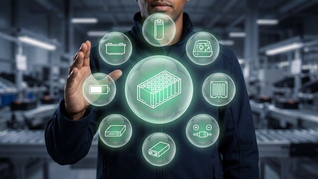 Worker holding battery pack module holographic icon concept in factory