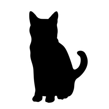 Black cat silhouette sitting front view handdrawn pet feline