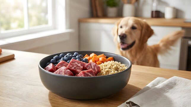 Makanan Anjing Alami yang Sehat Berupa Daging Segar dan Buah di Dapur