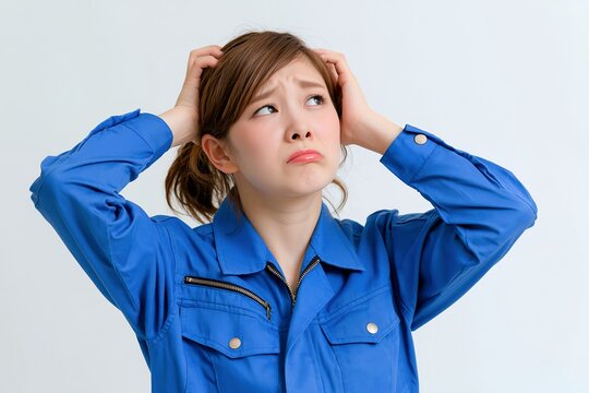 若い日本人女性が作業服姿で仕事のトラブルに困惑し悩む