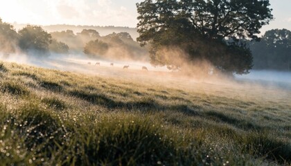 Fototapeta premium Sheep graze across a dewy meadow under mist and warm sunrise light, perfect for rural tourism, sustainable agriculture, and nature wellness promotions.