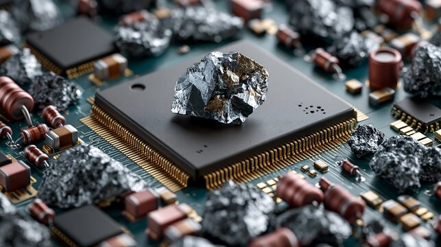Raw mineral ore is meticulously placed on a microchip, illustrating the fundamental connection between natural resources.