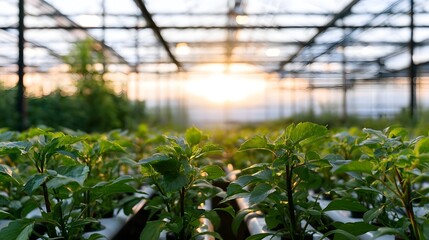 Naklejka premium Lush indoor environment featuring hydroponic plants bathed in warm golden hour sunlight within a modern greenhouse structure