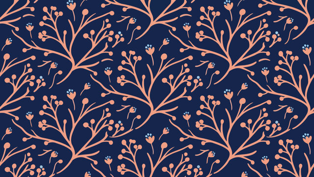 Floral pattern with branches and flowers on dark blue background