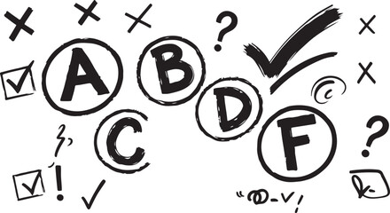 A set of black hand-drawn letters A, B, C, D, and F inside circles, accompanied by red checkmarks, crosses, and question marks on a white background © crea8ive