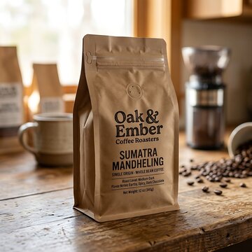 A brown paper bag of oak and ember sumatra mandheling whole bean coffee sitting on a rustic wooden table with a coffee grinder in the back